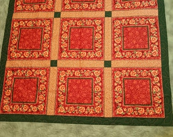 Pink Rose Throw Quilt With Green Borders Or Wall Hanging, 58x58 in Patchwork Throw Quilt, Housewarming, Wedding Gift Ideas Blanket Bedding