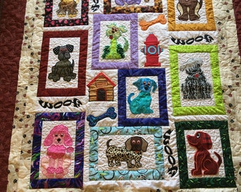 Custom Embroidered Applique Dog Quilt/Nursery Quilt With Dog Decor/Gender Neutral Baby Shower Gift/Toddler Dog Quilt/Baby Quilt/Throw Quilt