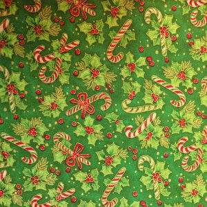 Green Holly And Candy Cane Christmas Fabric/Christmas Fabric/Christmas Fabrics/Red Fabrics/Green Fabric