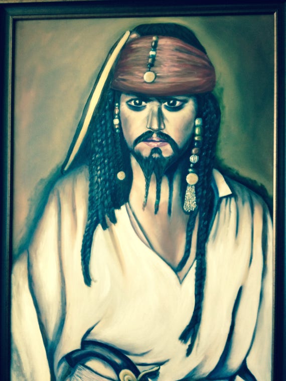 Portrait of Johnny Depp In Pirates Of The Caribbean Oil Original Artwork  27 x 39 Inch Unframed, Johnny Depp as Captain Sparrow Oil Painting