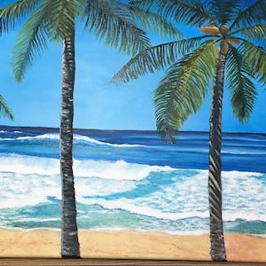 Beach Oil Painting/Ocean Landscape/Housewarming Gift/Original Oil Painting/Palm Trees At The Beach/15 X 30 Oil Painting/Bathroom Wall Art
