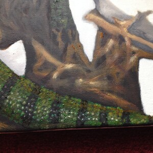 May include: Close-up of a painting depicting a tree trunk with a green, textured surface. The trunk is partially covered in brown branches and the background is white.