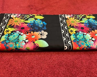 Black Border Fabric With Floral Design/Floral Border Fabric/Fabric  By The Yard/Flower Border Fabric/Groovy Garden Floral Border Fabric