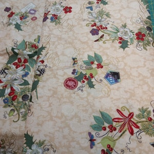Holly And Poinsettias and Berries Christmas Fabric With Beige Background/Christmas Fabric/Christmas Fabrics/Cream Fabrics,Holiday Fabrics