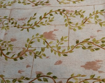 Beige & Light Tan Wood Fabric With Green Leafy Vine Fabric/Quilter's Cotton/Sage Green Fabrics/Green Leaf Fabric/ Brown Fabric With Leaves