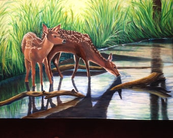 Wildlife Deers/Oil Painting of a Deer with Fawn/Oil painting/18X36X3 inch Painting/Housewarming or Wedding Gift/Animal/Original Art/CAPSteam
