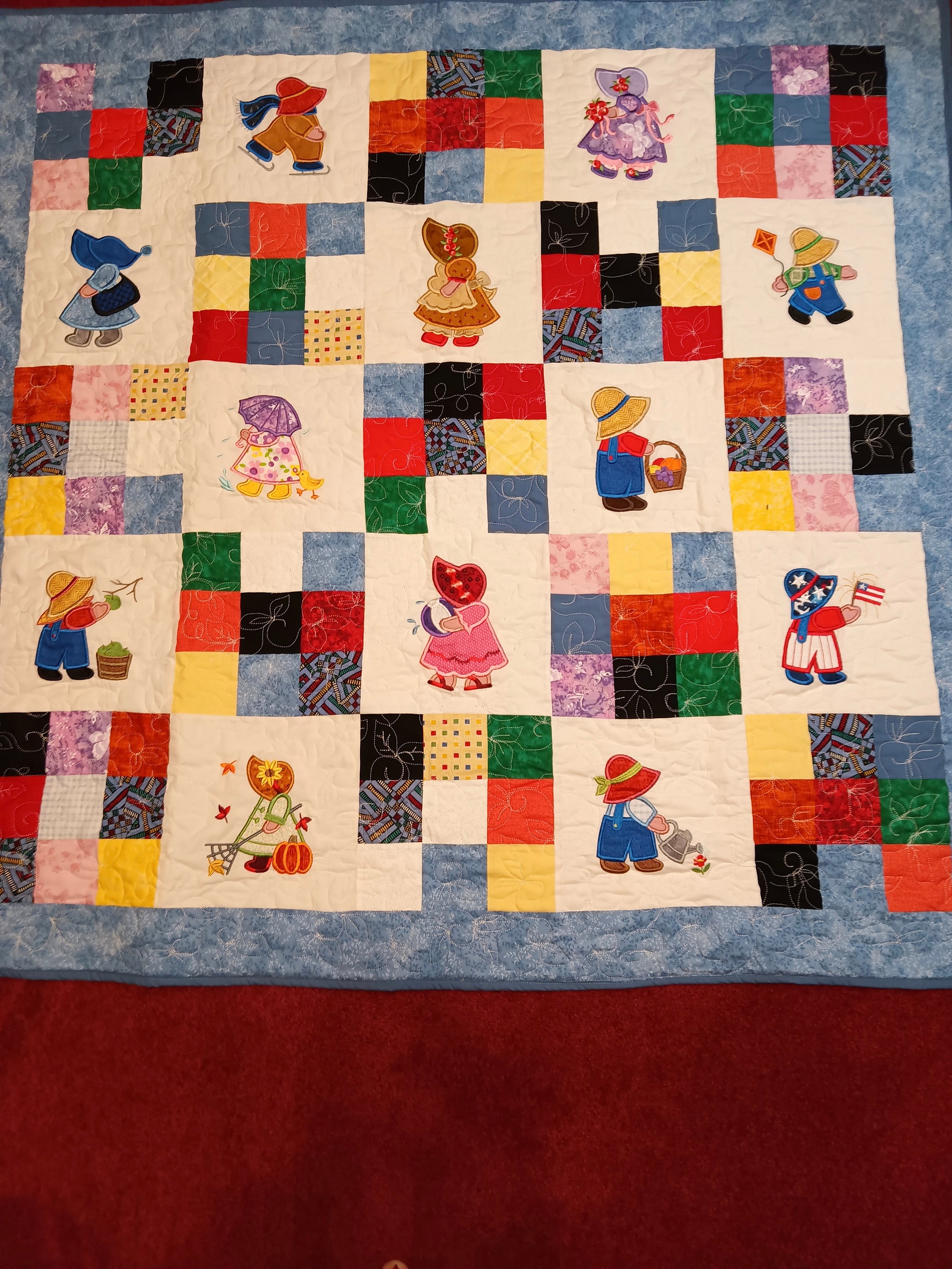 Embroidered Applique' Sun Bonnet Sue And Andy Large Baby Quilt,Sun Bonnet Sue Baby Quilt,Sun Bonnet Andy Nursery Quilt,Baby Shower Gifts