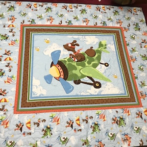 Dog In Airplane Crib Quilt/Large Baby Throw/Baby Shower Gift/Gender Neutral Baby Bedding/Toddler Quilt/Lap Quilt/Youth Quilt/Twin Quilt