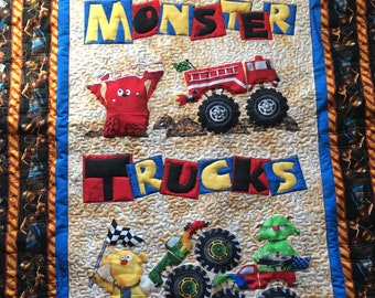 Custom Monster Trucks Applique Crib Quilt For Boys, Nursery Decor For Boy/Baby Shower Gift For Boy/Big Trucks Quilt/Boy Gift/Deposit only