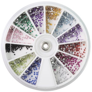 Small Round Assorted Colors Rhinestones Nail Art Deco Wheel - Colors:  Silver, Magenta, Red, Purple, Blue, Gold, Pink, Green, Black, Yellow
