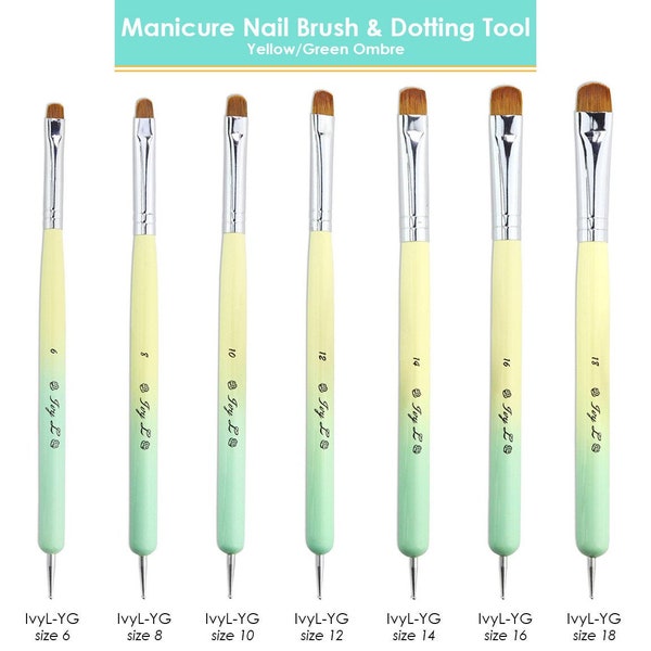 Ivy L French Manicure Gel Nail Brush & Dotting Tool with Yellow and Green Ombre Wood Handle Size 6-18