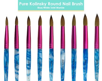 Pana Finest 100% Pure Kolinsky Round Nail Brush w/ White Blue Swirl Acrylic Handle - Use to Create Flawless Manicures & Pedicures Size 6-22