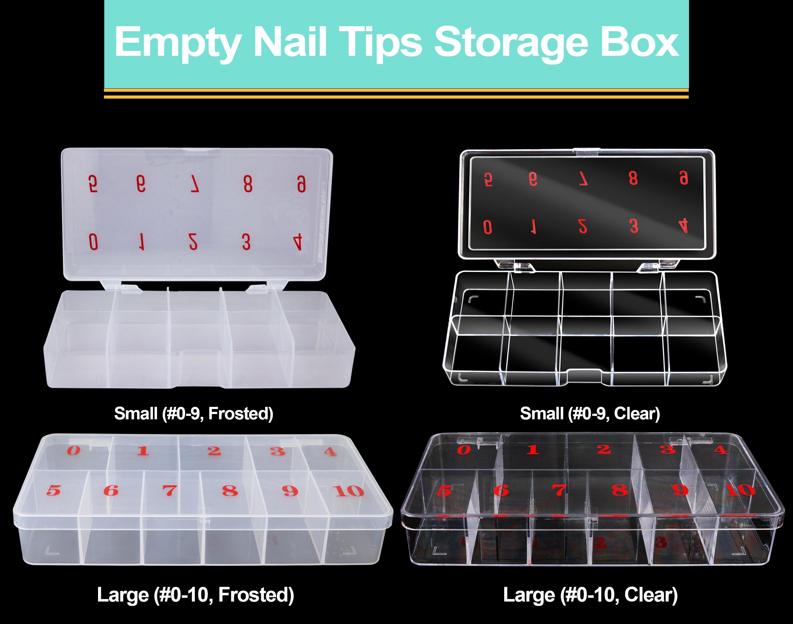 Cosics Press On Nail Storage Box, 3PCS 10-Grid Acrylic Nail Tip Organizer  Box, 10 Spaces Empty Clear Plastic Numeral Vitamins Pill Box, Nail Case