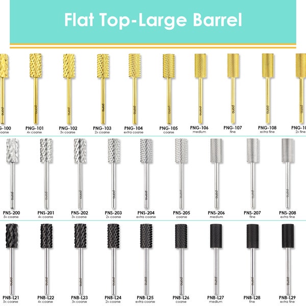 PANA Flat Top Large Barrel Carbide Nail Drill Bit | 2x Fine – 5x Coarse | 3/32” Shank | Electric Dremel Drill Machine – Gold, Silver, Black