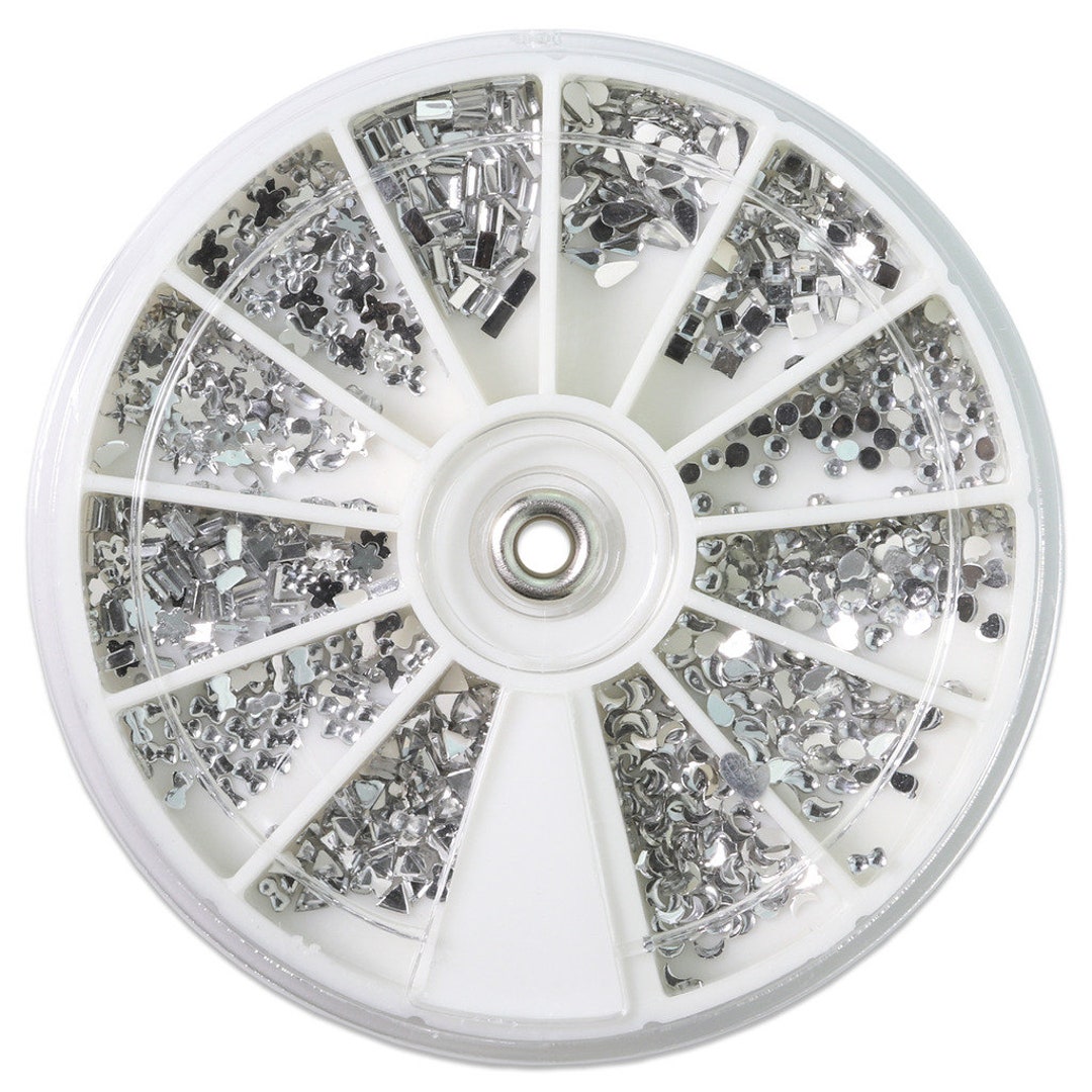 Assorted Designs Silver Rhinestones Nail Art Deco Wheel Includes Stars,  Circles, Hearts, Moons, Triangles, Bow, Square, Drops & Rectangles 