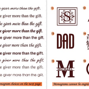 May include: A selection of brown monograms and text options, including the phrase "Love the giver more than the gift" in various fonts. Other options include the word "DAD", initials, and anchor designs.