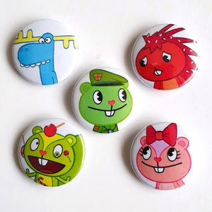Juego de 5 botones con insignias de HAPPY TREE FRIENDS de 25 mm y 1 pulgada, alfileres, alfileres, alfileres, dibujos animados, animales graciosos y lindos, Lumpy Flippy Giggles Nutty Flaky
