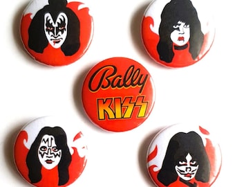 Zestaw przypinek do maszyny do pinballa KISS 25 mm 1" Pinback 1979 Bally Gene Paul Peter Ace retro rock band pop music