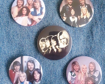 Zestaw 5 przypinek ABBA 57 mm 2 1/4" Pinback Benny Bjorn Agnetha Frida 1970 vintage glam rock pop zespół disco styl retro muzyka