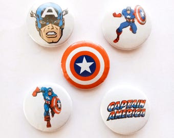 Zestaw 5 przypinek KAPITAN AMERYKA 25 mm 1" Pinback z postaciami z komiksów Marvela i animacją Superbohater