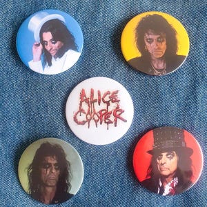 ALICE COOPER Album Badge Button Set 57mm 2 1/4&quot; Pin Pinback Trash Nightmare Horror 1970s retro rock 1980s Poison glam band heavy metal