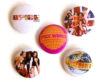 Zestaw 5 przypinek SPICE GIRLS o średnicy 25 mm i długości 1 cala, Pinback, lata 90., Girl Power, pop, glam, retro