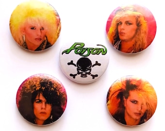 Zestaw przypinek zespołu POISON 25 mm 1" Pinback Lata 80. Glam Rock Heavy Metal Włosy retro
