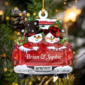 Personalized Couple Ornament Christmas 2023, Custom Couple Snowman On Red Truck Acrylic Ornament, Xmas Tree Decoration, Gift for Her Him