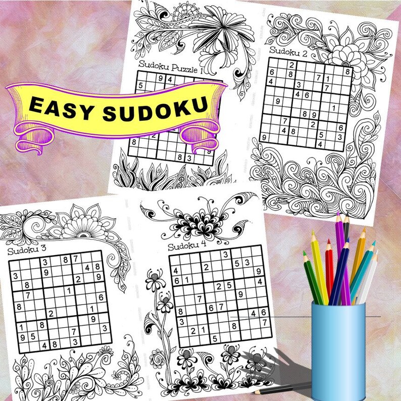 EASY Sudoku Puzzles, Instant Download, Combined With Fun Adult Coloring