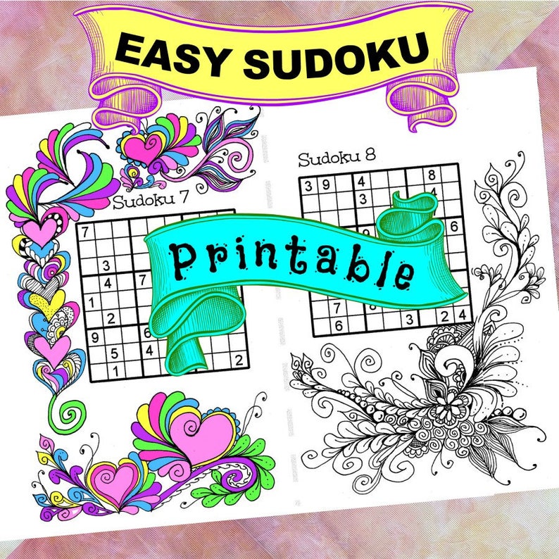 EASY Sudoku Puzzles, Instant Download, Combined With Fun Adult Coloring