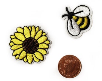 Tiny Bee Iron on Patch and Sunflower Patches for Backpacks Bumble Bee Applique Flower Patches for Jackets Iron on Stocking Filler