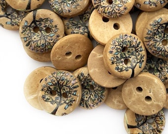 8+ Round Tree Buttons 12mm - Made from Coconut Wood - Painted Tree Design Button for Sewing and Knitting Projects