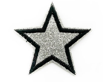 Silver and Black Glitter Star Patch - Iron on Glitter Patches Star - Silver Stars with Black Outline Shimmer Applique