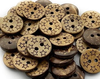 12 (13mm) Star Patterned Round Buttons - Half Inch Wood Button Natural Coconut Shell Sewing Notions Brown 2 Hole for Knitting Handmade