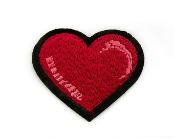 Red Heart Patch with Embroidered Highlight in Pink - Medium Mid Red Love Heart Badges - Ideal for Covering Clothes Stains - 6.3cm x 5cm