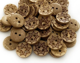 10 Half Inch Star Patterned Coconut Shell Buttons Shirt Buttons 11mm Brown Buttons Wood Notions Wooden Small Buttons Round Star Buttons