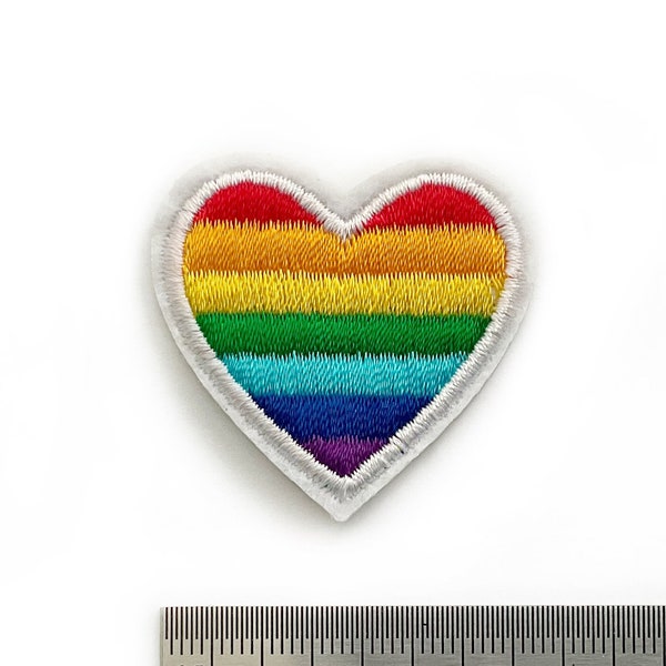 Small Rainbow Heart Patch with White Background - Stripes Pride LGBT Badge Iron on - 3.9cm x 3.6cm