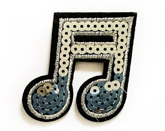Music Note Badge with Silver Sequin, Iron on Mudic Patches