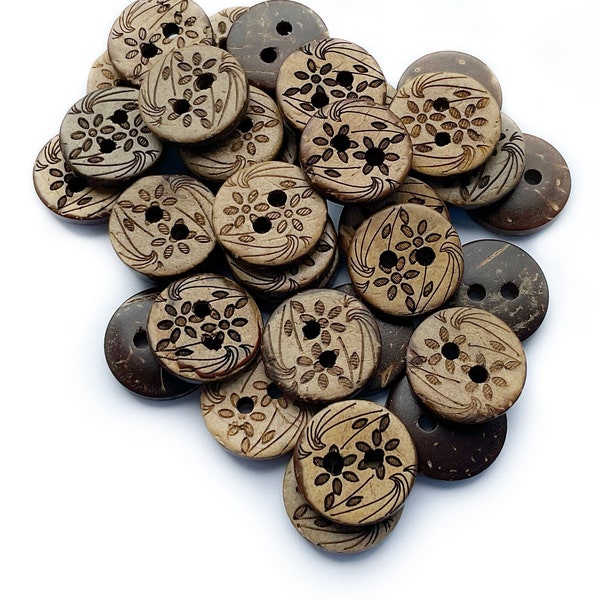 12/24 Coconut Shell Buttons Half Inch - Natural Material Buttons - Flower Pattern