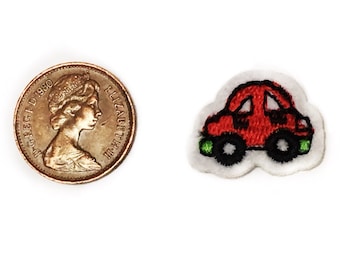 Red Car Patch Small - Micro Patches Iron on Embroidered Mini Car Applique Badge - 1.7cm x 2.3cm