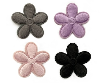 Set of 4 Small Simple Flower Patches 2.9cm Flowers in Gray , Light Pink , Lilac and Black Embroidery - Iron on Patches DIY Upcycling Clothes