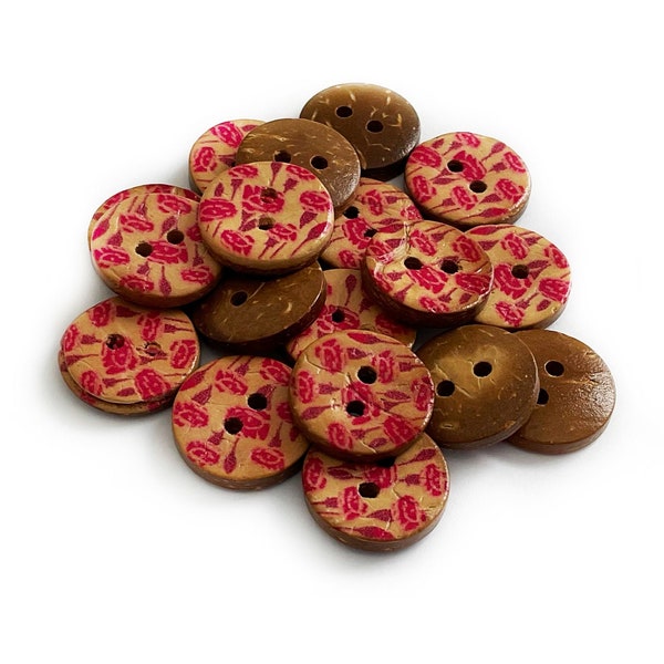 + de 12 boutons fleur rouge en noix de coco - 15 mm