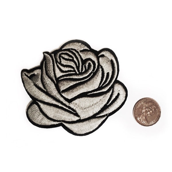 Gray Rose Badge - Goth Patches - Embroidered Grey Flower Iron On - Patches for Jackets - 7.5cm x 6cm