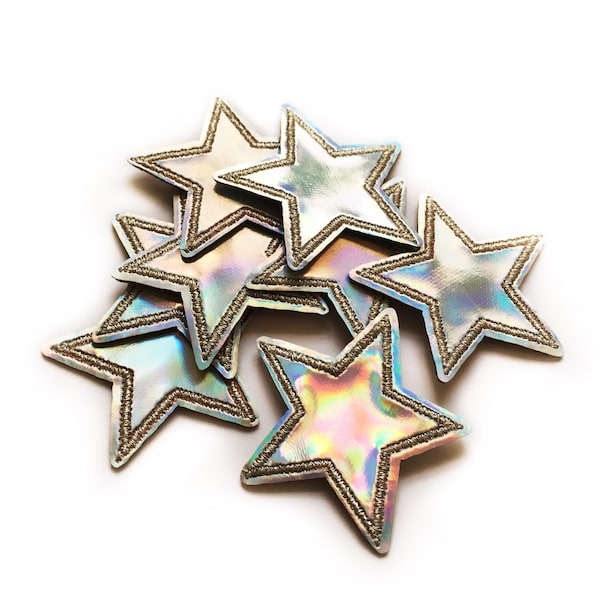 1+ Silver Star Patch Embroidered Shiny Space Applique for Denim Jackets Metallic - approx. 4cm width