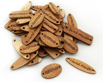 20 Handmade Wooden Button Tags for Craft Projects DIY Hand Made Tag in Mid Brown Wood Mixed Shapes - Oval Rectangle Tags