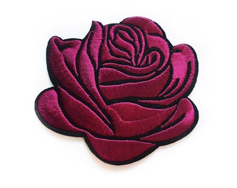 Red Pink Rose Badge Iron On - Jacket Patch Floral -  Embroidered Patch Flower Applique for Hats, Jackets