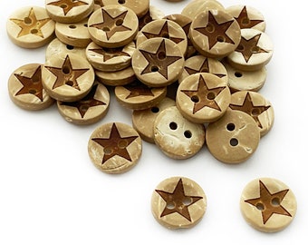 10 Star Buttons - Round 15mm - 5 Pointed Star Patterned Coconut Shell Buttons for Shirts and Sewing Projects