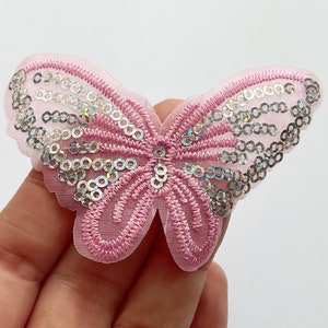 See Through Pink Butterfly Patch with Sequins - Pink Iron on Butterflies - Embroidery DIY Badge Transparent Butterfly - 5cm x 8.4cm