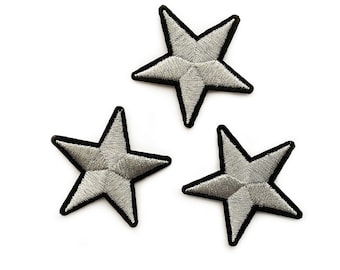 3 Silver Stars with Black Background - Small Silver Patches Iron on Star Badge Grey Metallic Thread Embroidery DIY Badges - 5cm