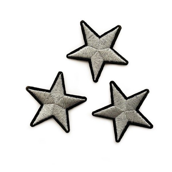 3 Silver Stars with Black Background - Small Silver Patches Iron on Star Badge Grey Metallic Thread Embroidery DIY Badges - 5cm